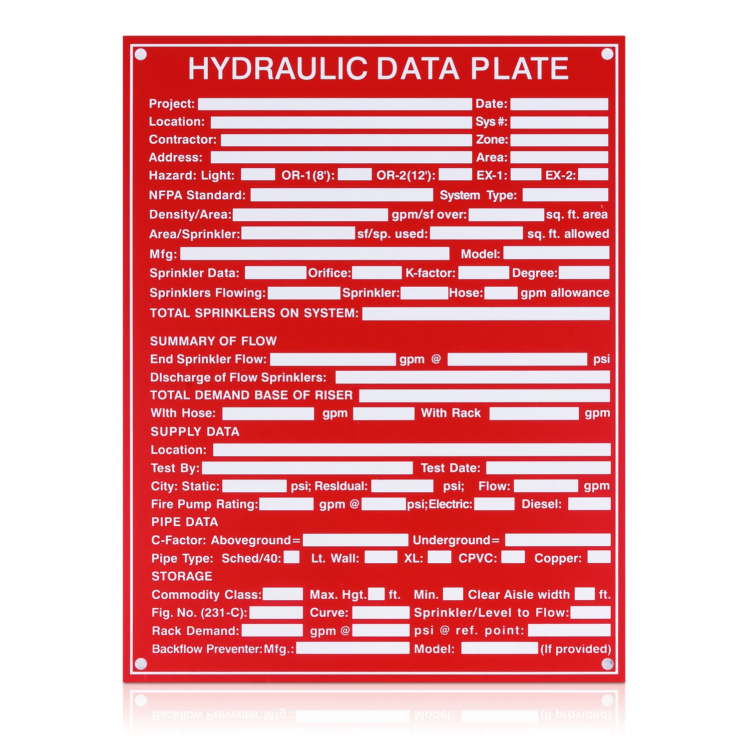Hydraulic Data Plate